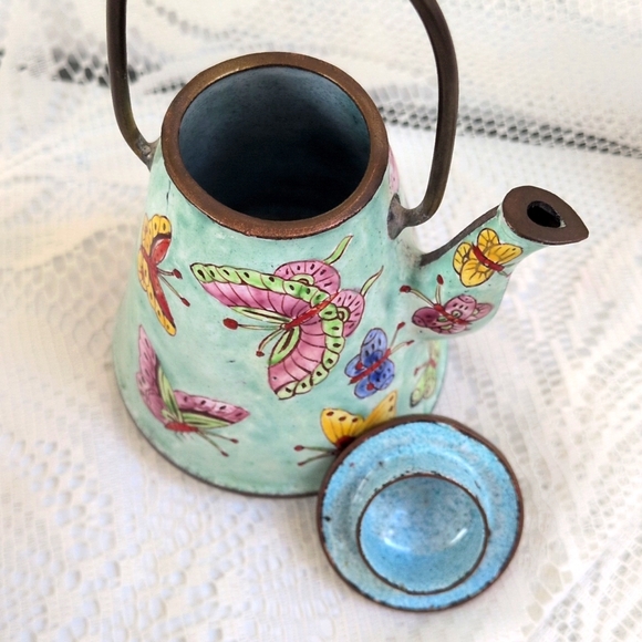 Vintage Miniature Enamel On Metal Empress Art Butterflies Teapot - Picture 6 of 11